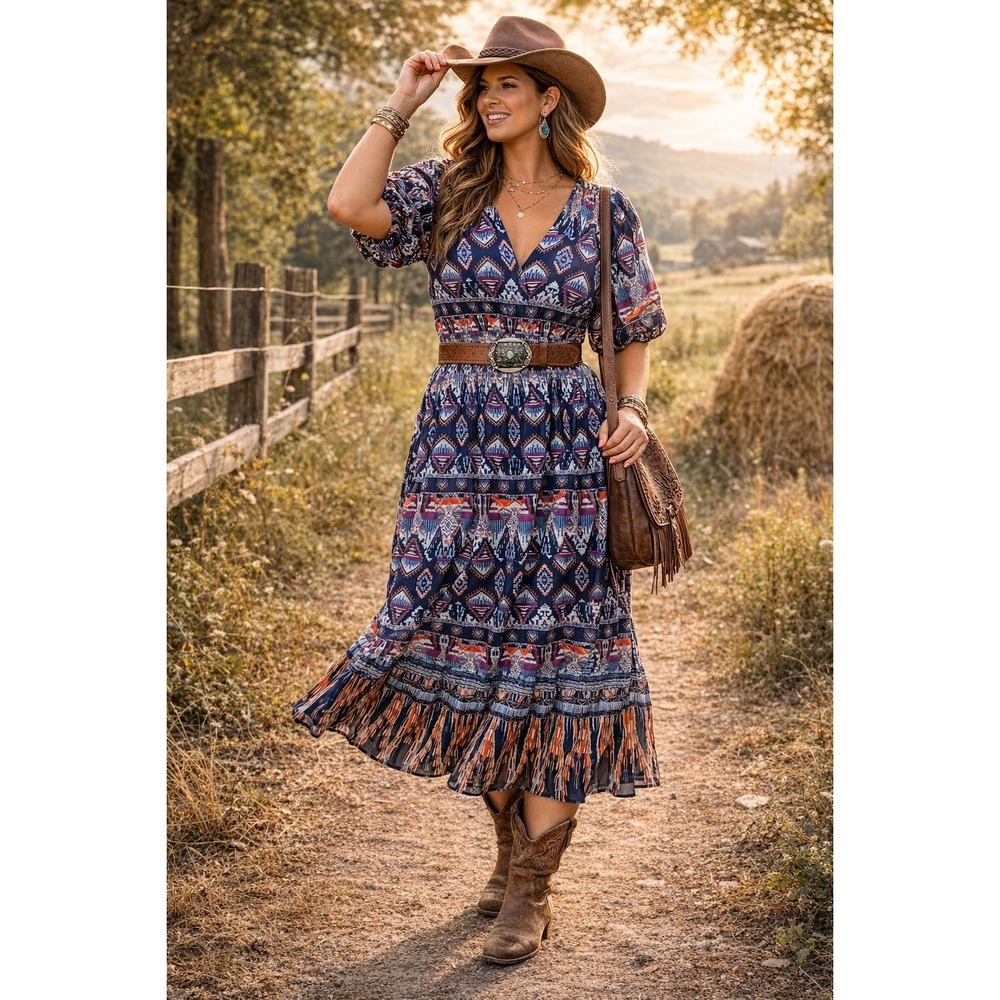 Old Navy Maxi Dress XL Aztec Southwestern Boho Blue Elastic Waist Lined